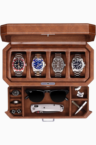 4 Yuvalı Deri Saat Kutusu ve Çekmeceli Takı Düzenleyici, Zamansız Ve Şık Görünüm