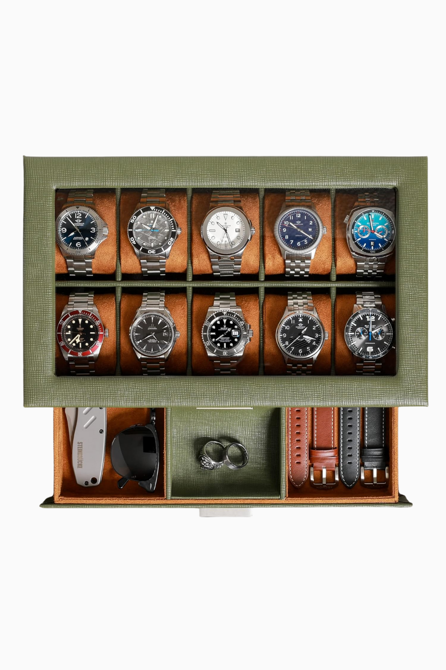 10 Gözlü Lüks Deri Saat Kutusu, Çekmeceli, Cam Kapaklı, Kilitlenebilir