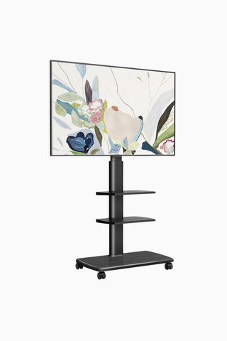 Tekerlekli ve Ahşap Tabanlı Siyah TV Sehpası, 32-65 inç LCD LED Düz ve Kavisli Ekranlar için