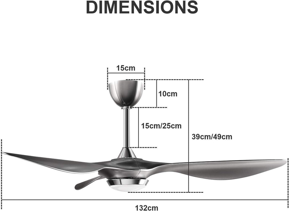 132 cm Tavan Vantilatörü, Kısılabilir LED Işıklı, Uzaktan Kumandalı, Modern Kanatlı