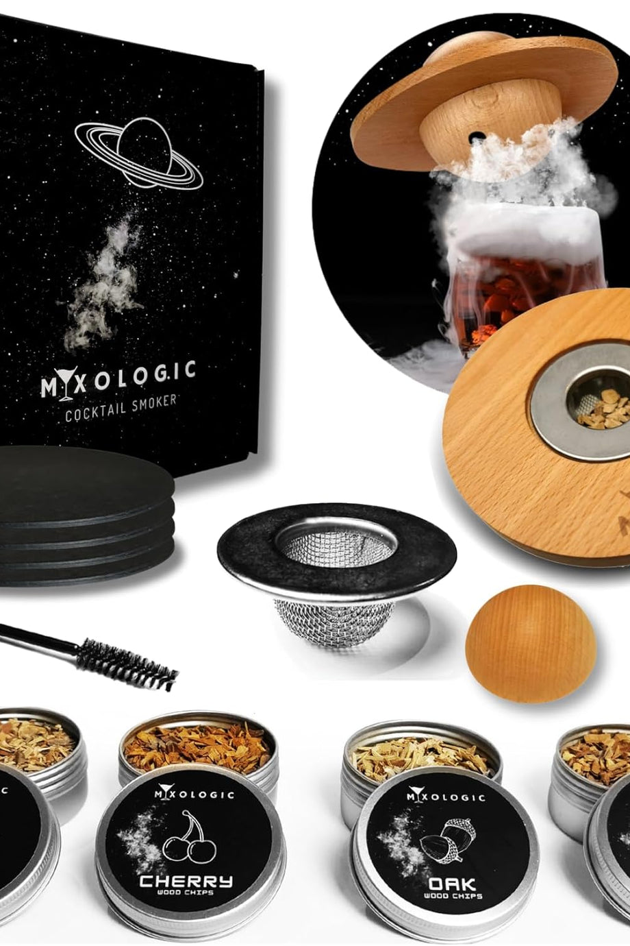 Kokteyl Tütsüleme Seti, 4 Çeşit Odun Parçası, Fırça ve 4 Cam Kapaklı, Eski Moda Viski Tütsüleme
