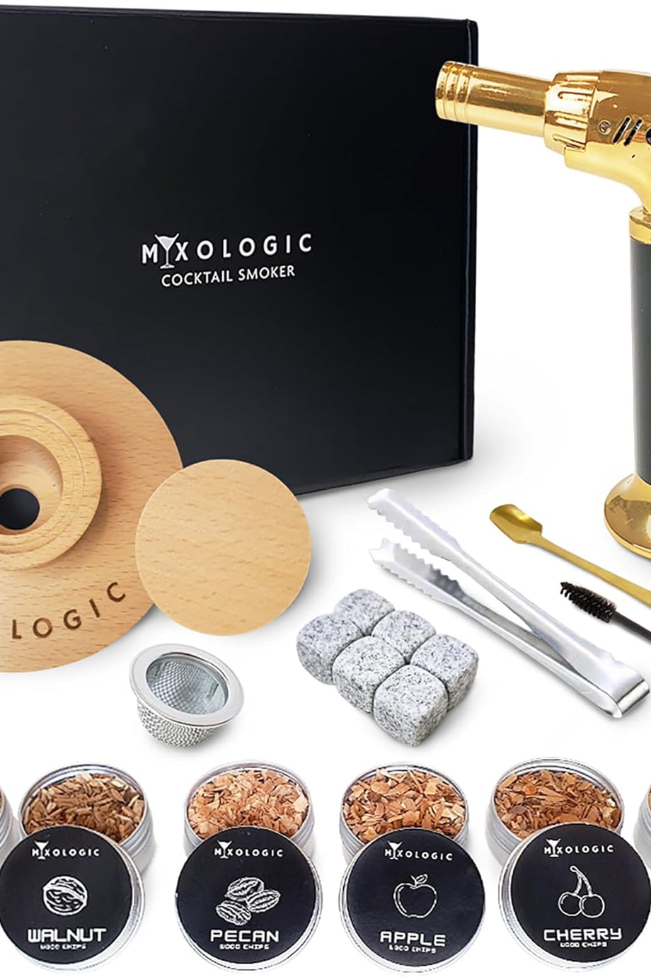 Kokteyl Tütsüleme Seti, Meşale, 6 Çeşit Odun Parçası, Viski Taşları ve Aksesuarları