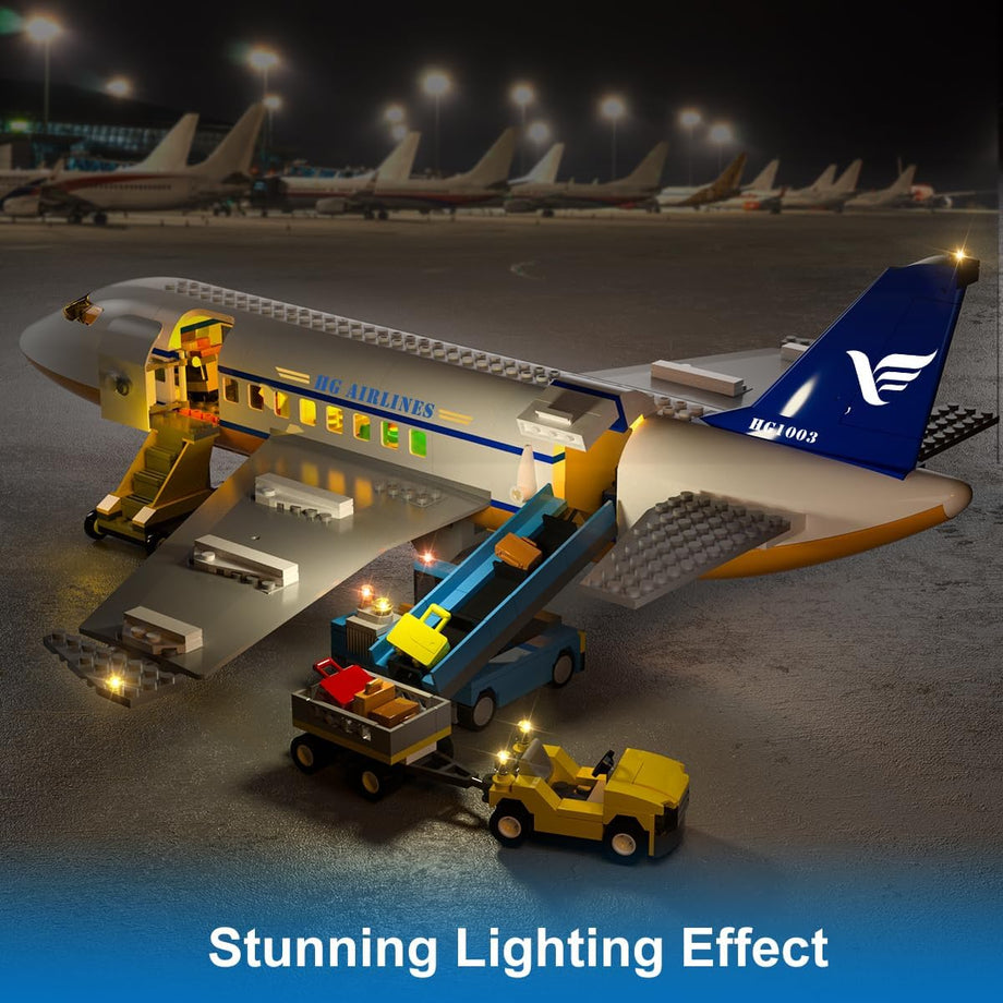 Büyük City Uçak Yapım Seti ,LED Işıklı, 53,5 cm x 17 cm, Terminal, Radar Kulesi ve 2 Bagaj Arabası