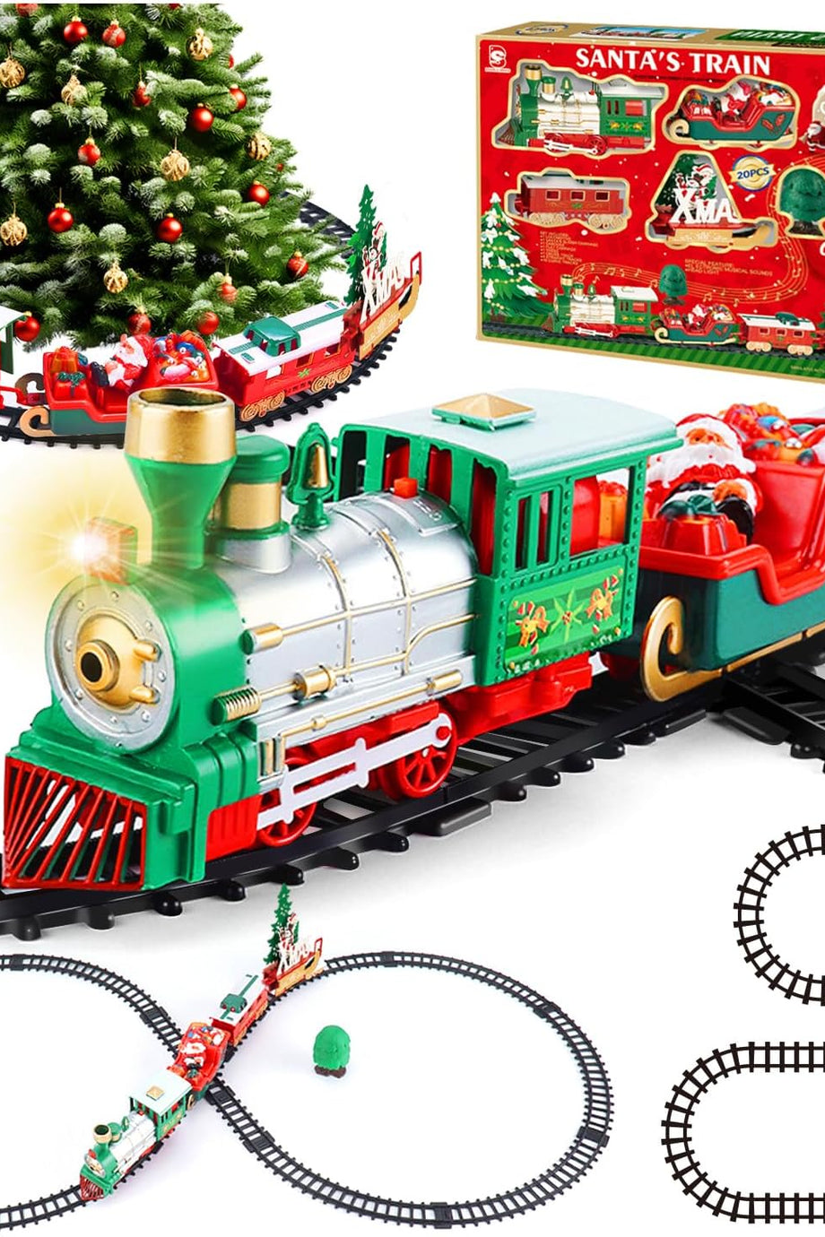 Elektrikli Noel Treni, Işıklı, Sesli Lokomotif, 3 Vagon, Demiryolu ile Noel Ağacı