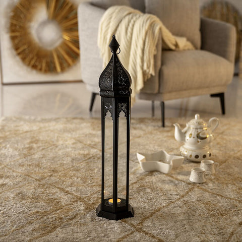 Chloe Siyah Metal ve Cam Fas Feneri 59 cm, Modern Dekoratif Tasarım