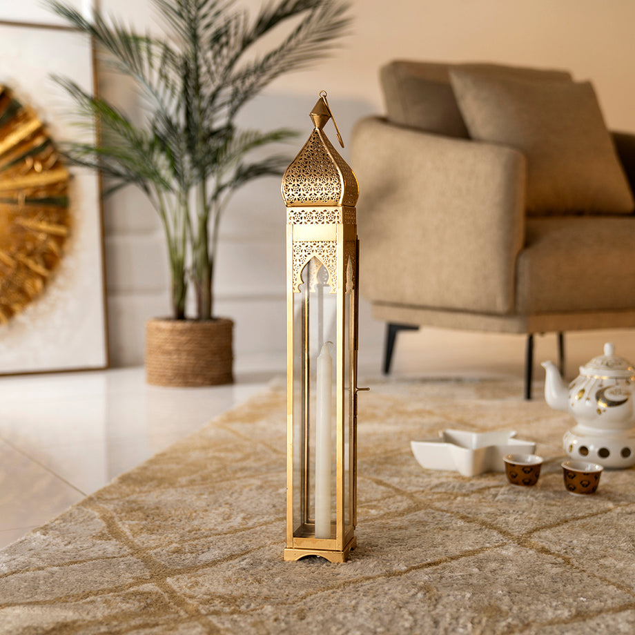 Chloe Altın Metal ve Cam Fas Feneri 59 cm, Modern Dekoratif Tasarım