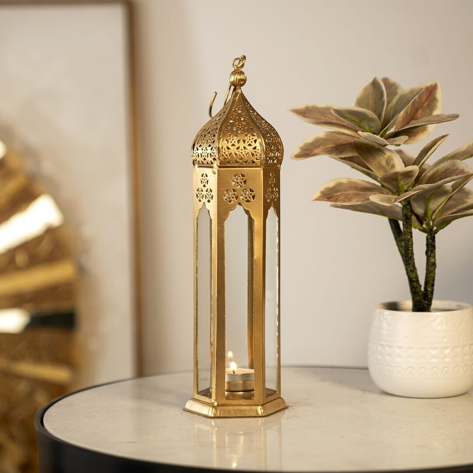 Chloe Altın Metal ve Cam Fas Feneri 30 cm, Modern Tasarım