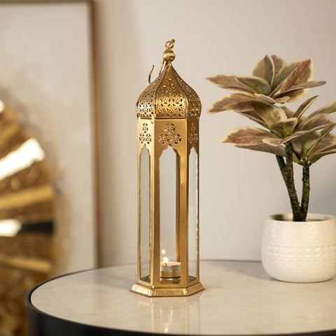 Chloe Altın Metal ve Cam Fas Feneri 30 cm, Modern Tasarım