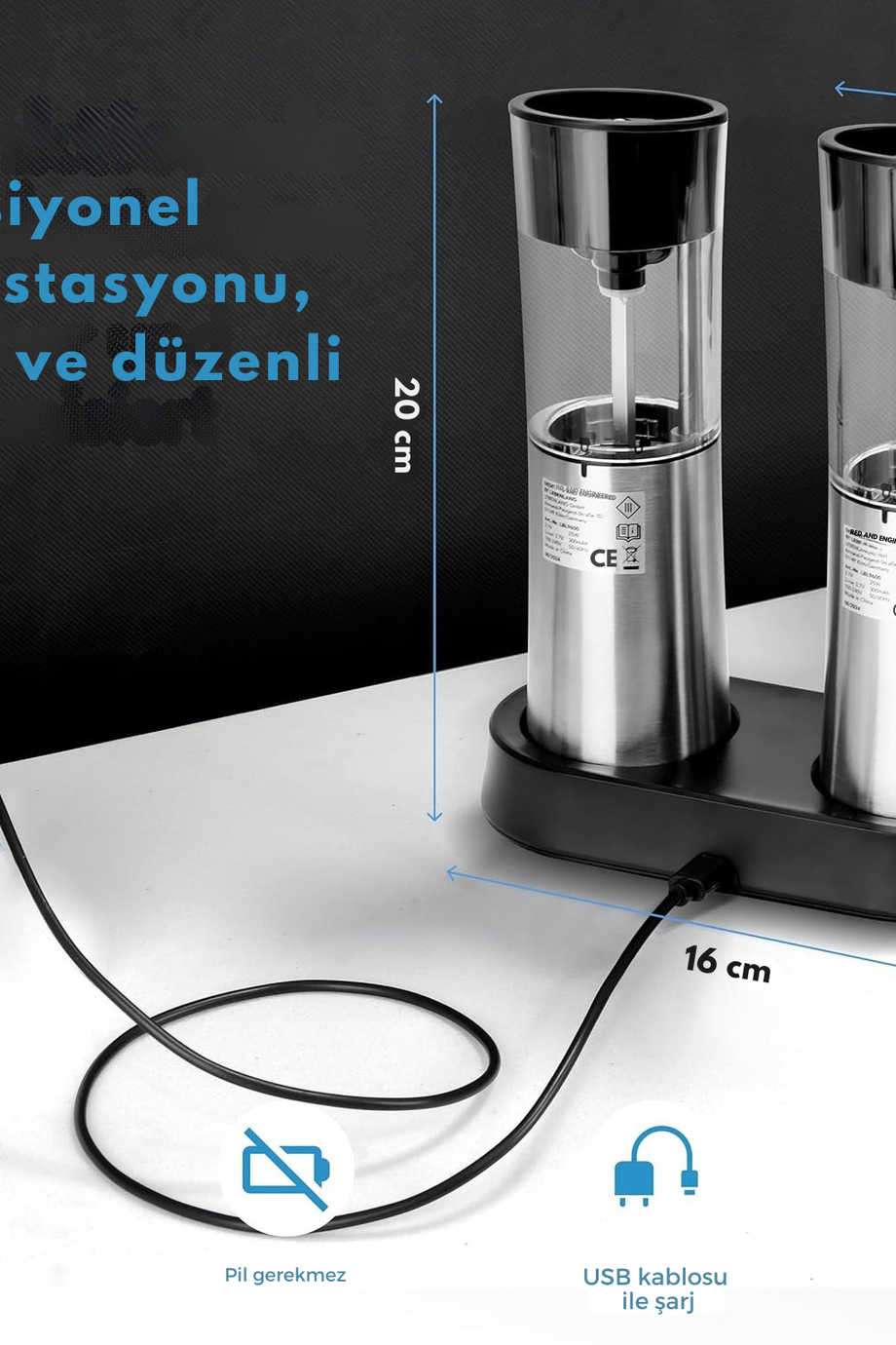 Elektrikli Tuz ve Karabiber Değirmeni Seti, Şarj Edilebilir, Devrilme Sensörlü, Paslanmaz Çelik