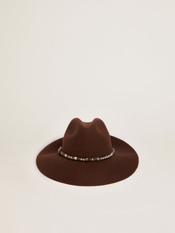 Kahverengi Çivili Deri Kayışlı Fedora Şapka, Yün Tasarım, Altın Yıldız Detaylı