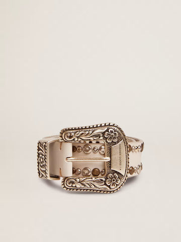 Renkli Çivili ve Süslemeli Tokalı Beyaz Deri Kadın Kemer