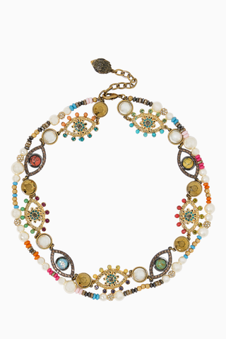 Multi-Strand Eye Necklace, Çok Sıralı Göz Kolye, İncili, Kristalli ve Nazar Boncuklu