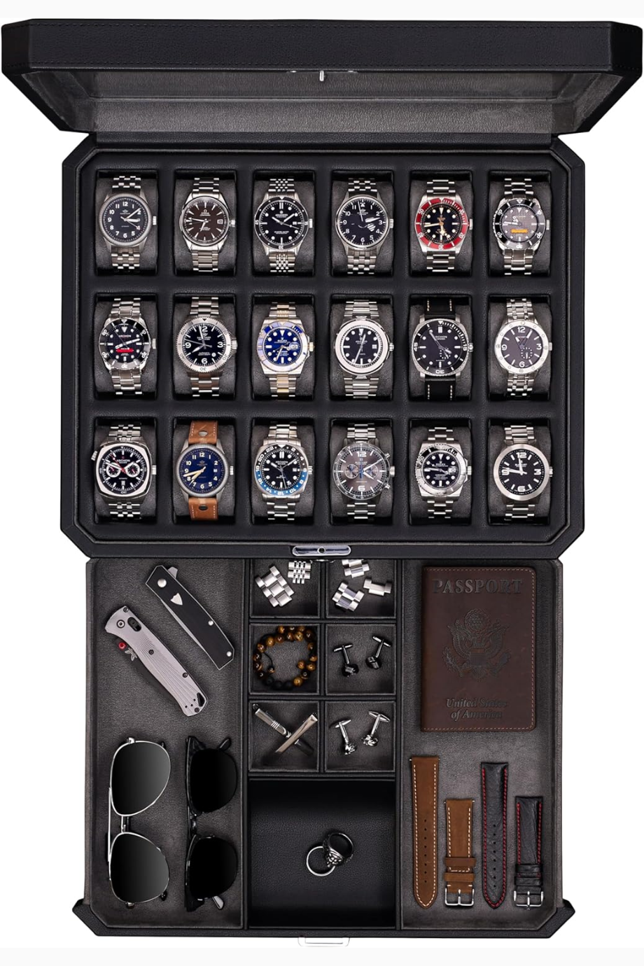 18 Yuvalı Lüks Çekmeceli Saat Kutusu, Kilitli, Cam Üst, 2025 Yeni Sürüm