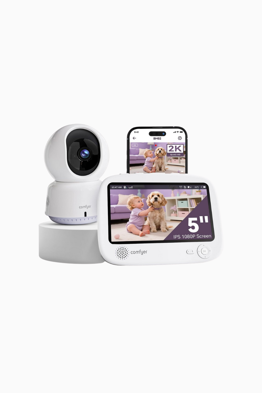 2K Wi-Fi Akıllı, Görüntülü Bebek Telsizi, 5" HD Ekran, Gece Görüşü, Hareket/Gürültü Alarmı