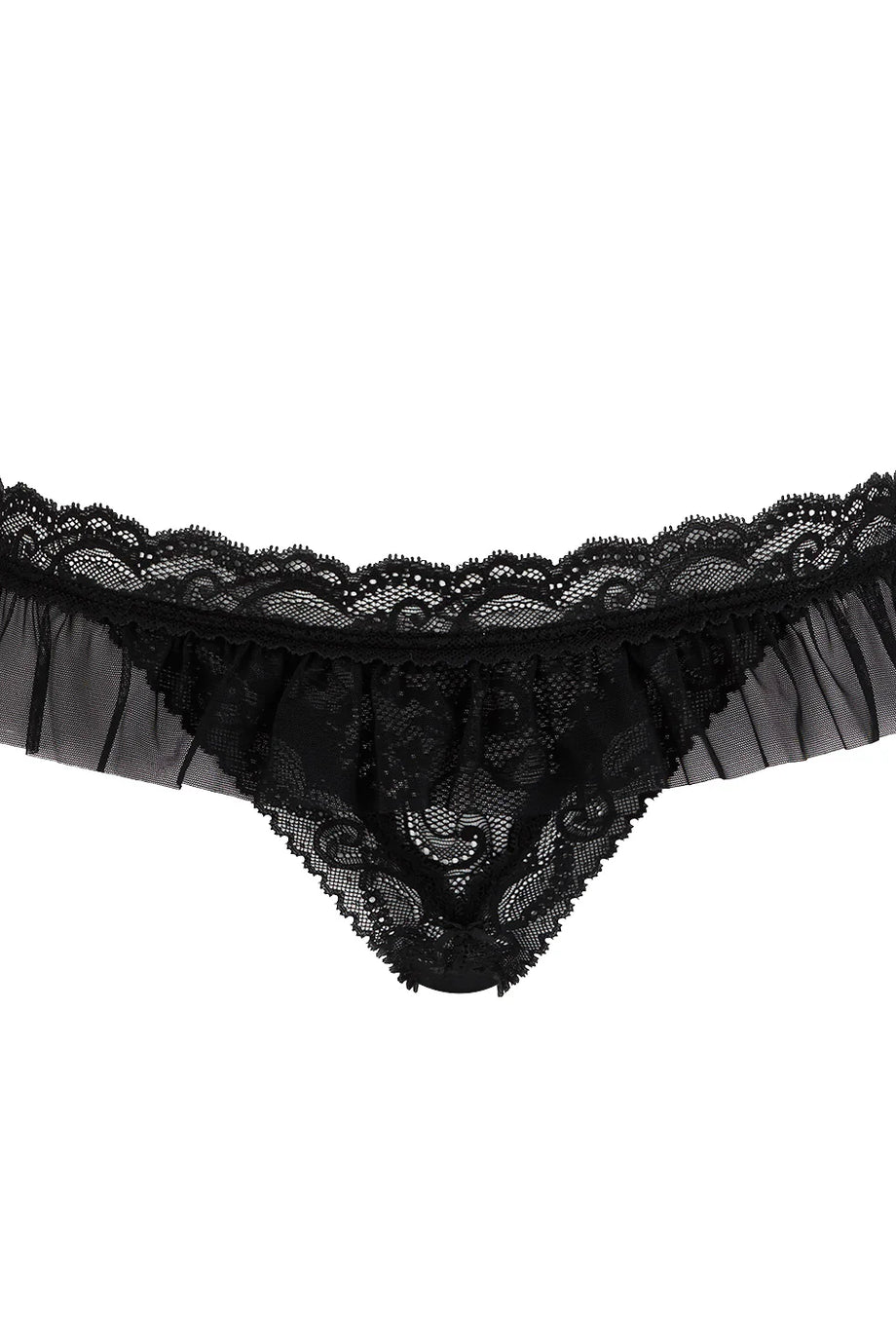 Boîte à Désir Siyah Dantel Tanga, Tüll Fırfırlı Bel Bandı ve Ayarlanabilir Bağcık Detaylı