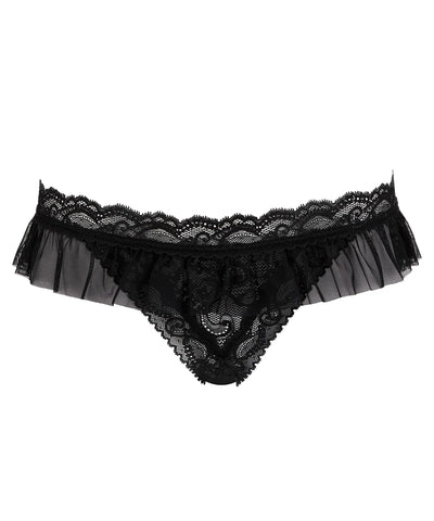 Boîte à Désir Siyah Dantel Tanga, Tüll Fırfırlı Bel Bandı ve Ayarlanabilir Bağcık Detaylı