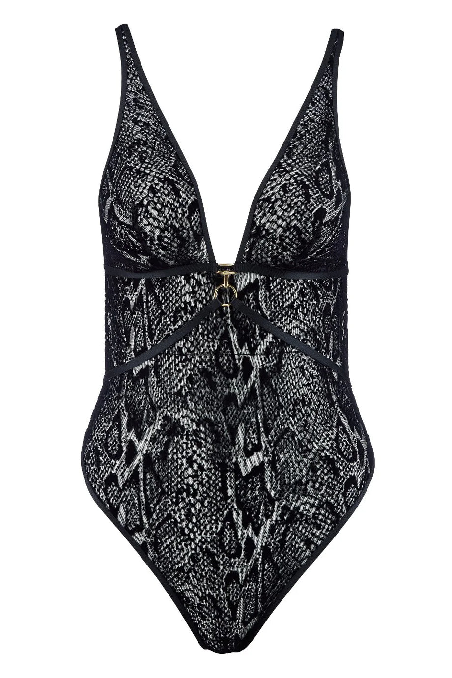 Boîte à Désir Body Şeffaf Python Desenli Tüller ve Gold Detaylı Sırt Bandı Tasarımı