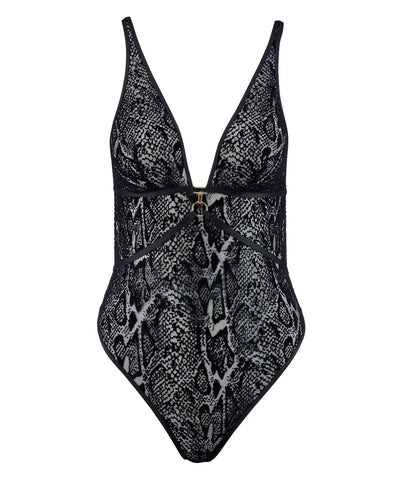 Boîte à Désir Body Şeffaf Python Desenli Tüller ve Gold Detaylı Sırt Bandı Tasarımı