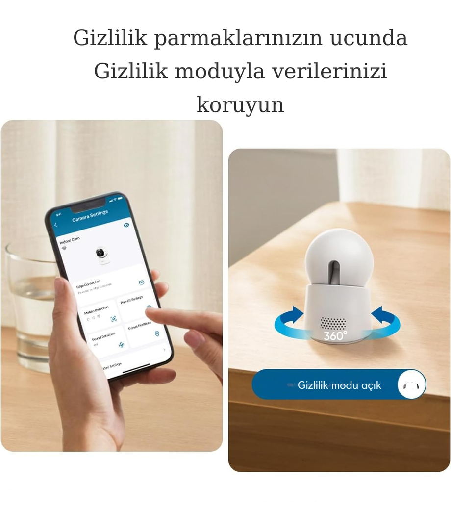 E30 4K İç Kamera, 360° Döner, Renkli Gece Görüşü, AI Takip, Wi-Fi, Uygulamalı
