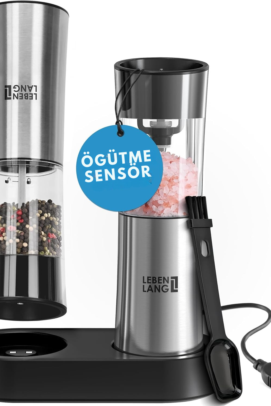 Elektrikli Tuz ve Karabiber Değirmeni Seti, Şarj Edilebilir, Devrilme Sensörlü, Paslanmaz Çelik