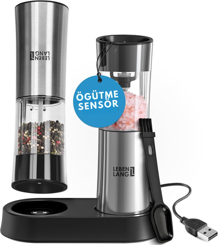 Elektrikli Tuz ve Karabiber Değirmeni Seti, Şarj Edilebilir, Devrilme Sensörlü, Paslanmaz Çelik