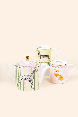 Köpek Desenli Çaydanlık ve 2 Kupa Seti, Lüks Bone China