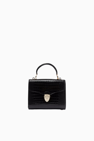 Midi Mayfair Siyah Croc Deri Top Handle Çanta, Şık ve Klasik Tasarım