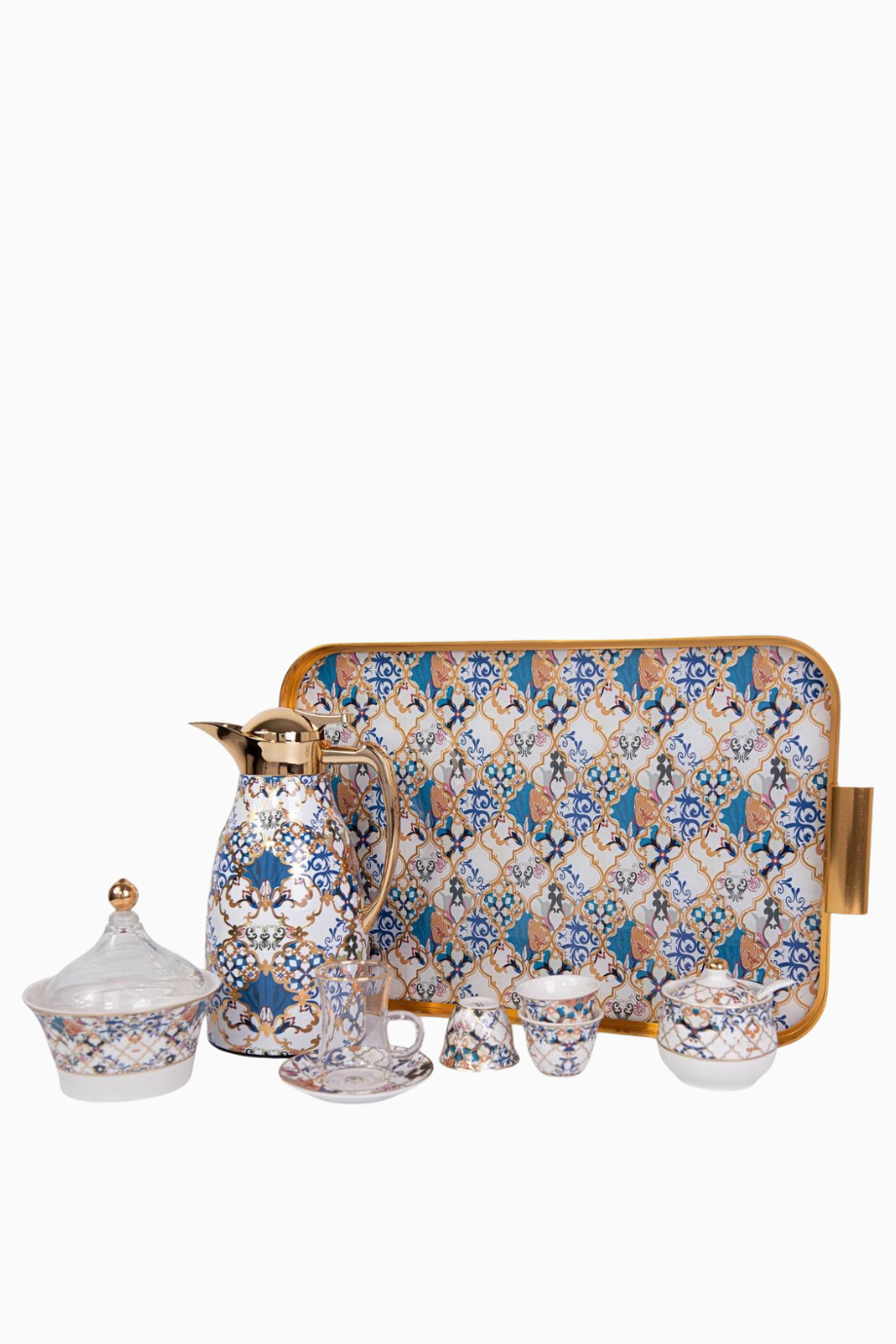 Blue Flower Gold 22 Parça Porselen Kahve Çay Takımı-Çift Katmanlı Termos