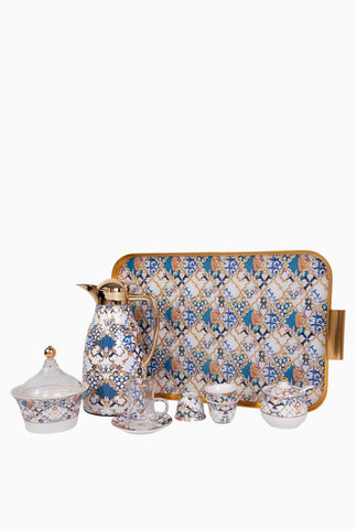 Blue Flower Gold 22 Parça Porselen Kahve Çay Takımı-Çift Katmanlı Termos