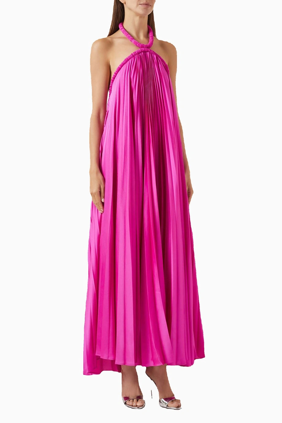 Mor Pleated Halterneck Açık Sırt Maxi Elbise Rahat Siluet