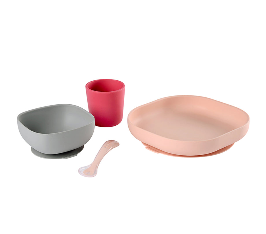 Silikon Yemek Seti 4'lü, Tabak, Kase, Bardak ve Çatal, Pembe