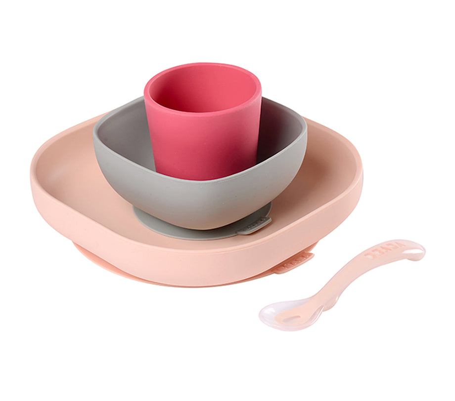 Silikon Yemek Seti 4'lü, Tabak, Kase, Bardak ve Çatal, Pembe