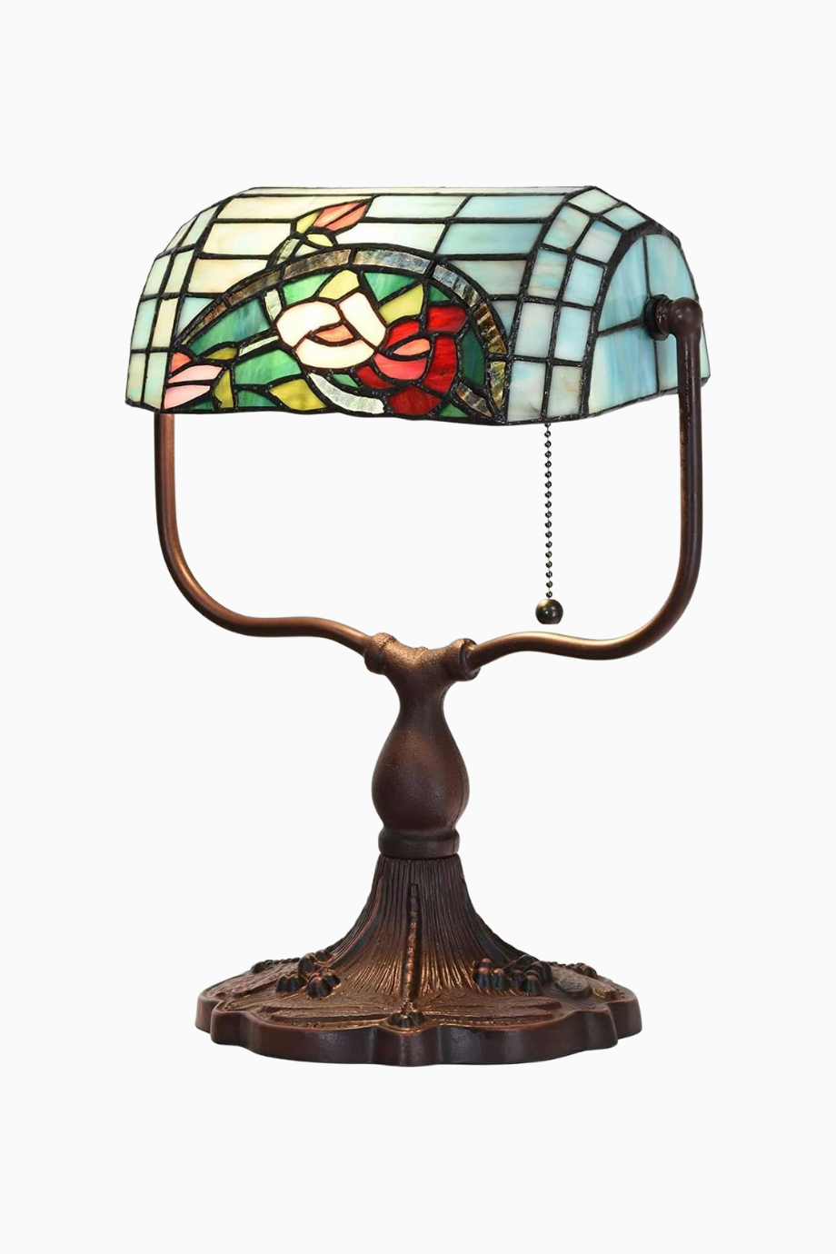 Rose Flower Tiffany Stil Vitray Cam, El İşçiliği Bankacı Masa Lambası