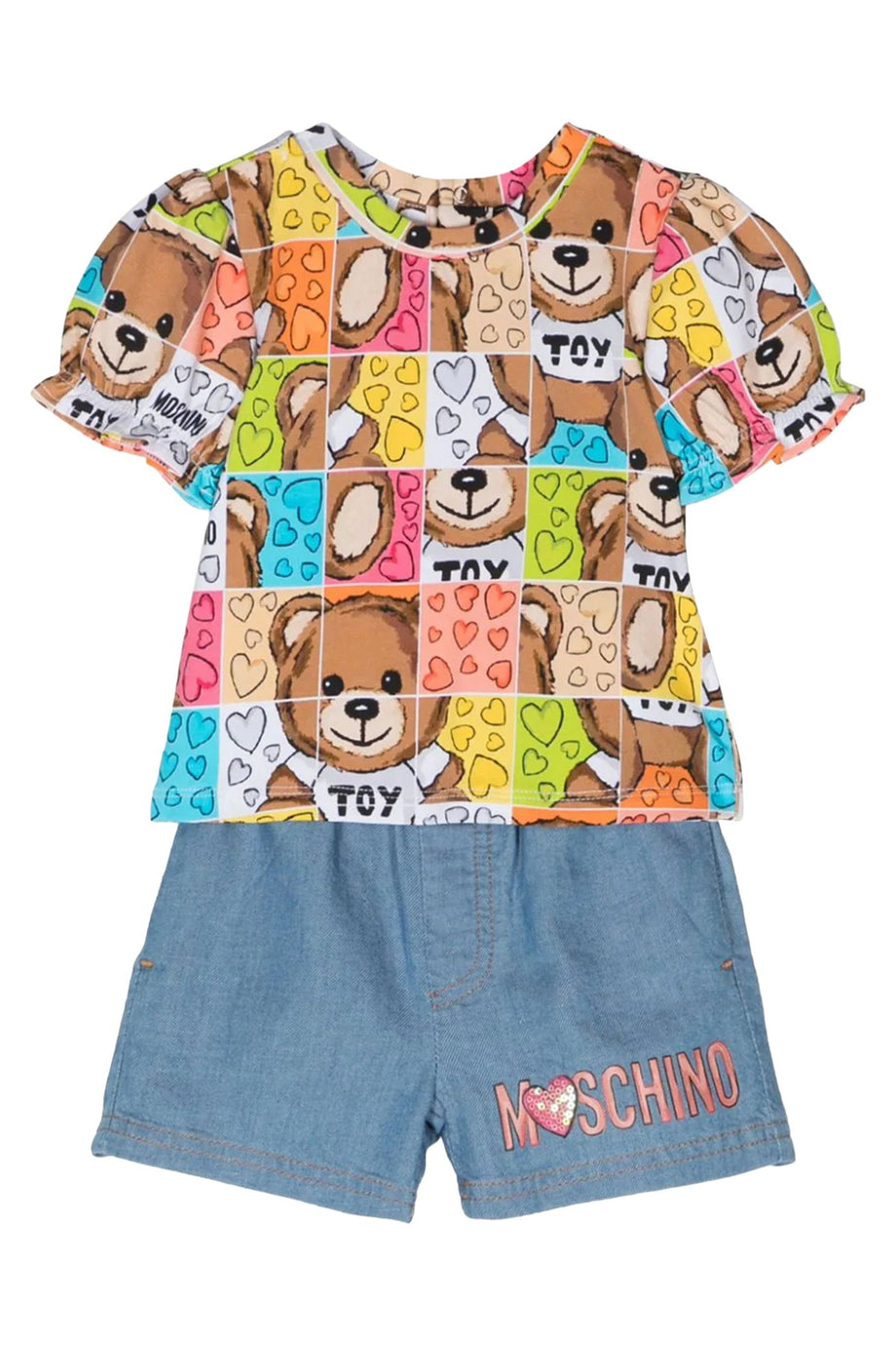 Çocuklar için Moschino Teddy Logo Baskılı T-Shirt ve Şort Takımı