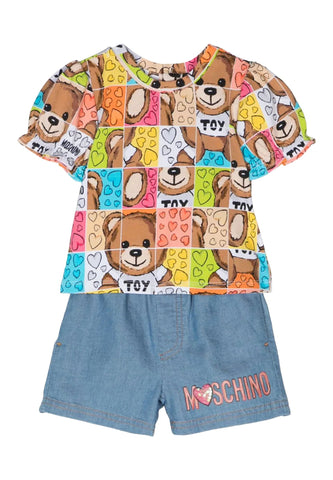 Çocuklar için Moschino Teddy Logo Baskılı T-Shirt ve Şort Takımı