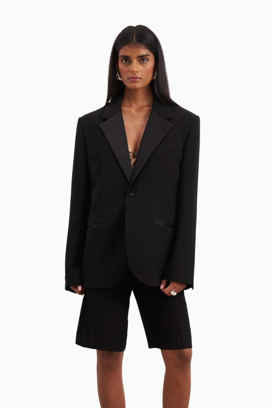 Satin Detail Single Breasted Blazer Oversize Tek Düğmeli Kadın Ceket