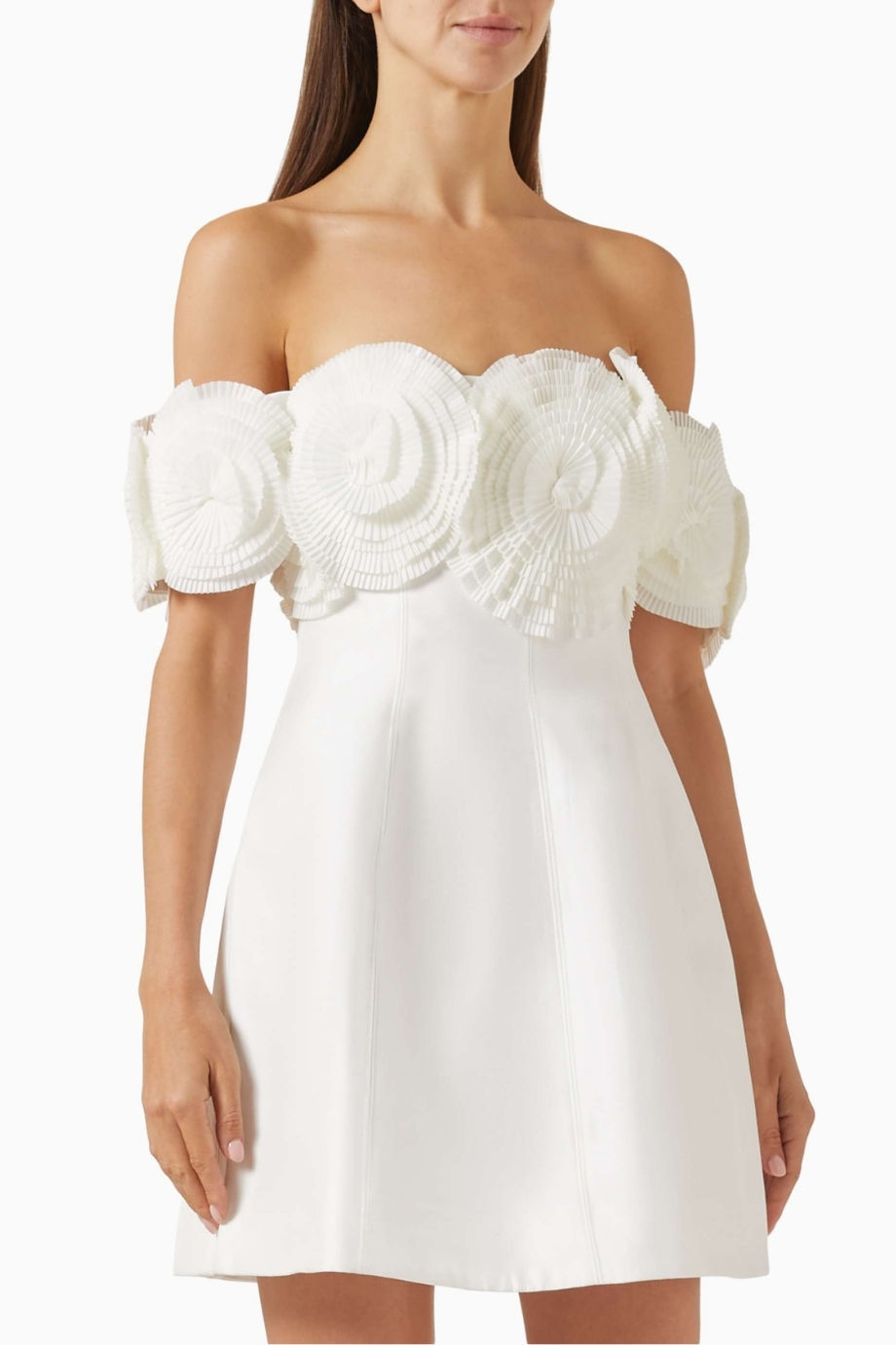 Off-Shoulder Mini Elbise Saten Roset Detaylı