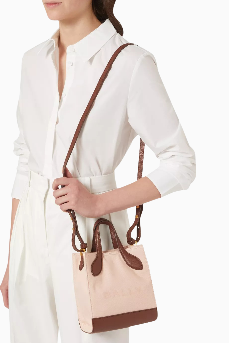 Mini Bar Keep On Açık Kahverengi Kanvas ve Deri Detaylı, Logo Baskılı Lüks Tote Çanta