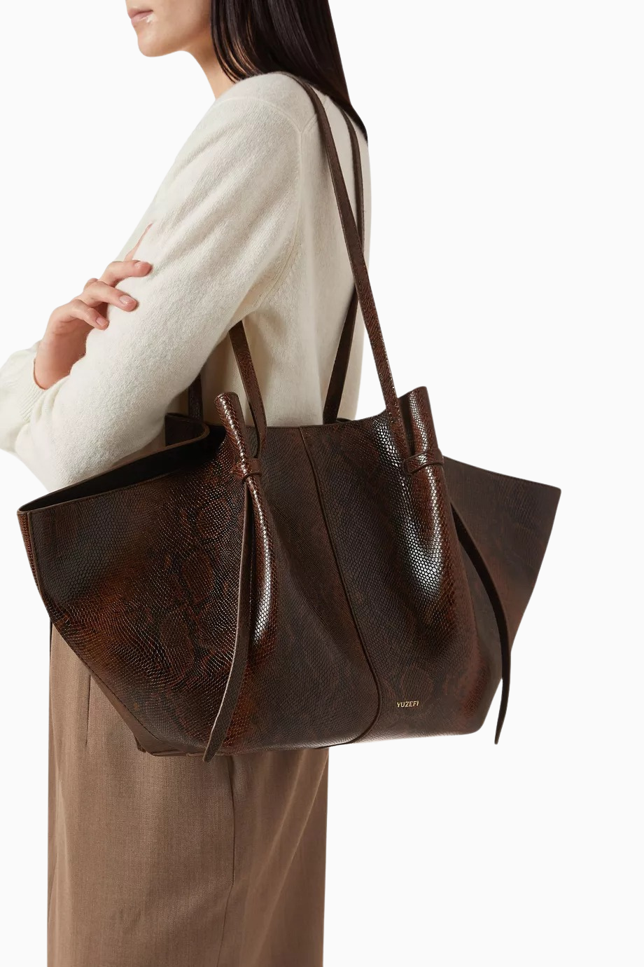 Large Mochi Kahverengi, Yılan Desenli Deri Knotted Askılı, Lüks Tote Çanta