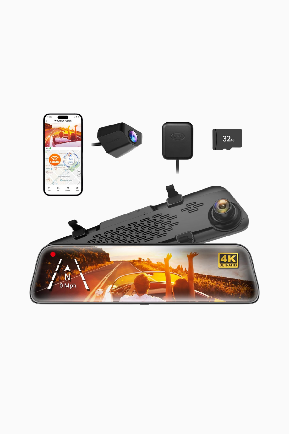 12" G840S 4K Ayna Araç Kamerası, IPS Dokunmatik, Geri Sürüş, GPS