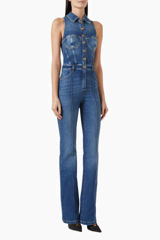 Slim-fit Denim Tulum, Mavi Lüks Şık Jumpsuit