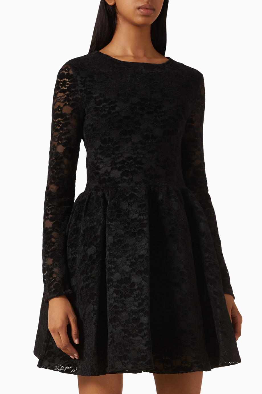 Velvet Lace Royaldentel Kısa Pleated Dress, Siyah, Tanımlı Bel ve Şeffaf Kollu