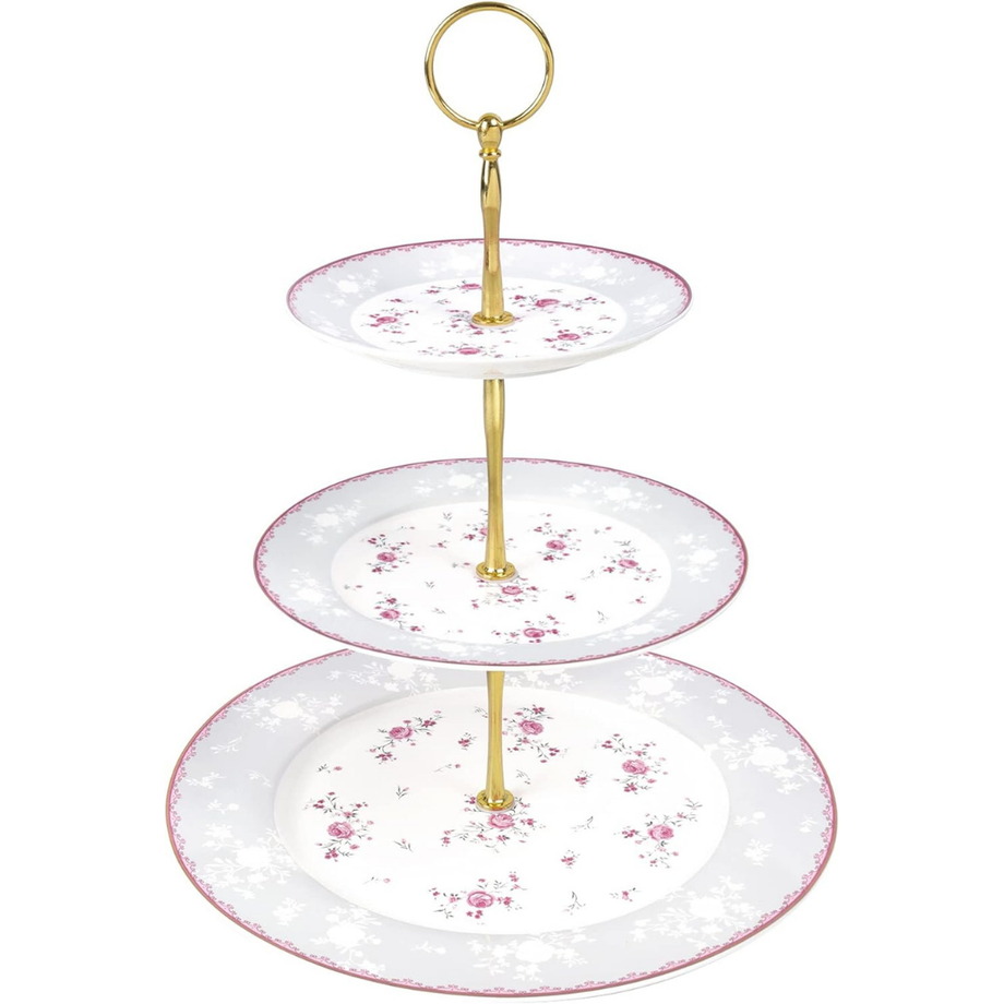 3 Katlı Pasta Standı, Pembe Çiçekli Porselen Stand