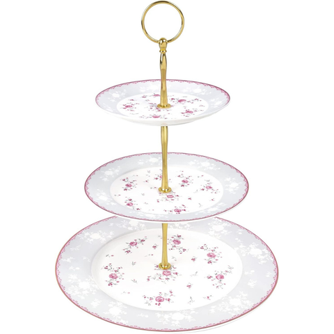 3 Katlı Pasta Standı, Pembe Çiçekli Porselen Stand