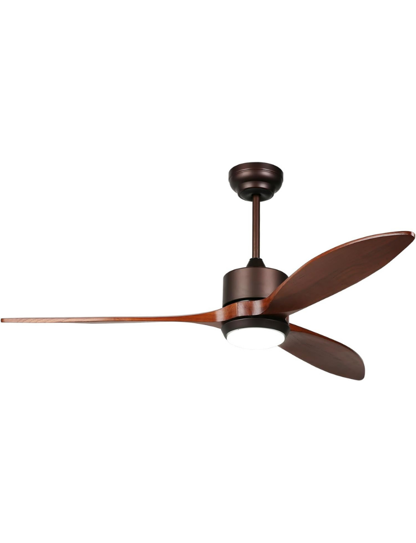 52 İnç Masif Ahşap Tavan Vantilatörü, LED Işıklı, Sessiz DC Motor, IP44 Suya Dayanıklı ve Uzaktan Kumandalı