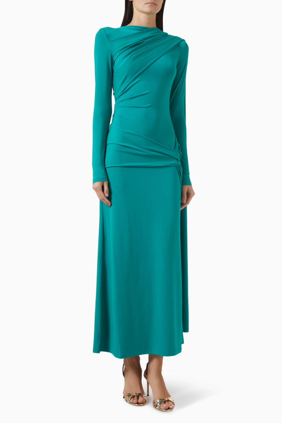 Catherinson Pacific Green Drapeli Kadın Maxi Jersey Elbise