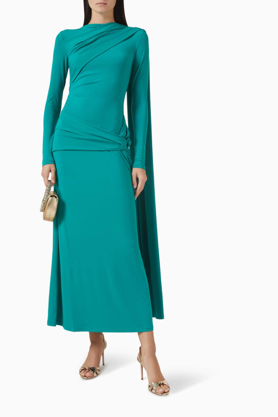 Catherinson Pacific Green Drapeli Kadın Maxi Jersey Elbise