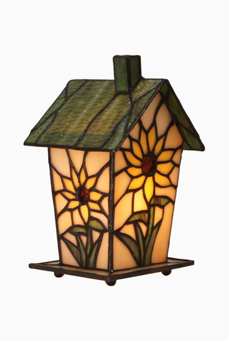 El Yapımı Tiffany Style Kuş Evi Masa Lambası Ayçiçeği Deseni