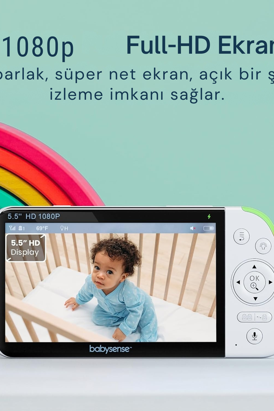 MaxView-2CAM 5.5" Full HD Bebek Monitörü, 2 Kamera, RGB Gece Işığı, 5000mAh Pil