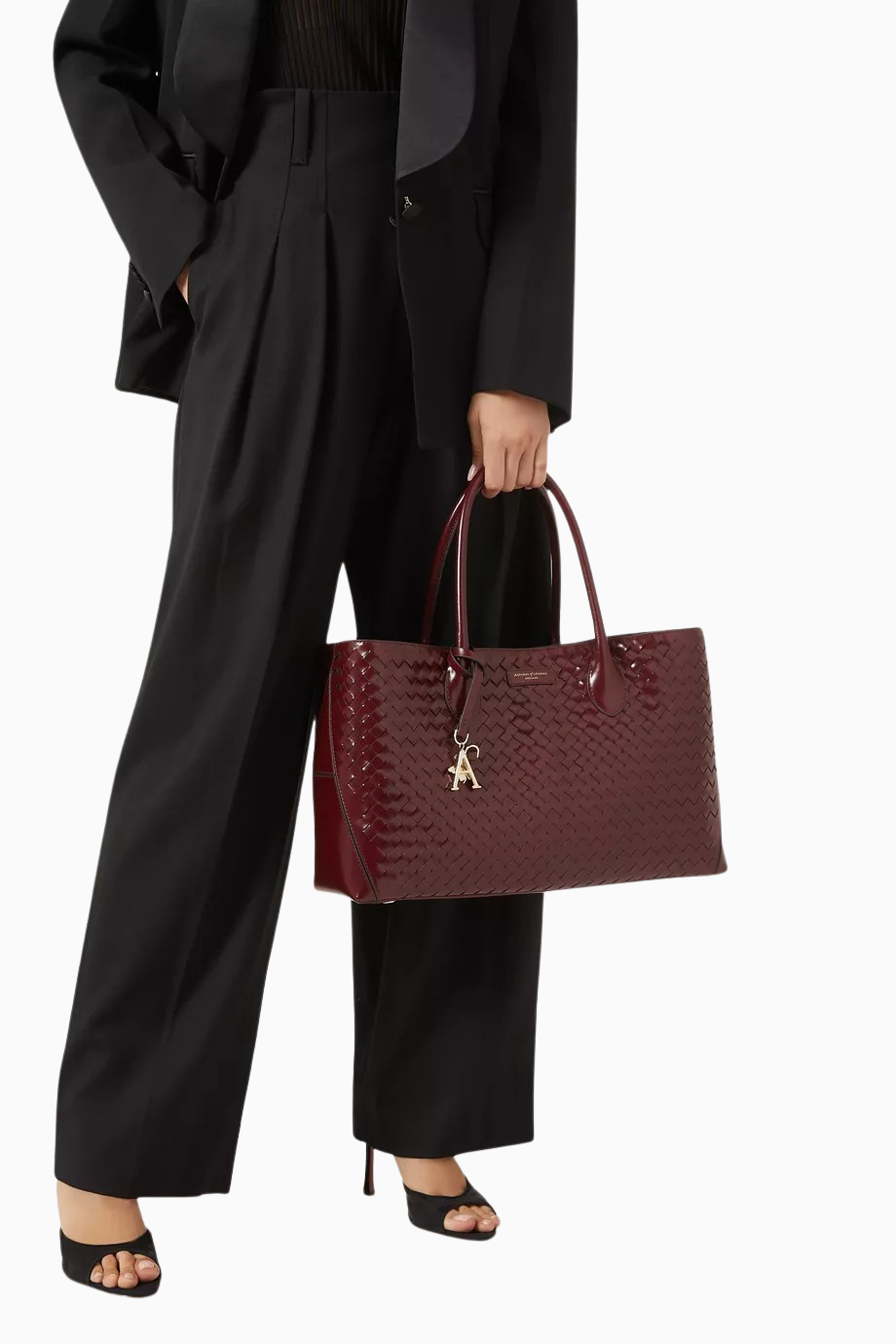 London Tote Bag Bordo Woven Deri Çanta, İki Bölmeli, Logo Charm Detaylı, Şık ve İşlevsel Tasarım